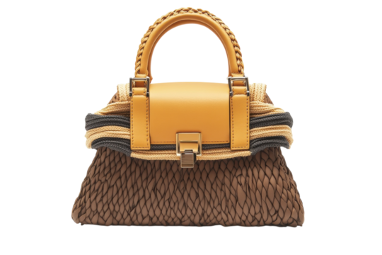 Stylish woven handbag with mixed textures and vibrant colors displayed on a neutral background