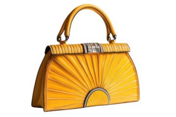 Vibrant yellow handbag features a unique fan design with detailed pleating and a shiny clasp