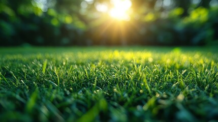 Naklejka premium A surface of green grass illuminated by the sun. Beautiful green grass in the foreground under sunlight.