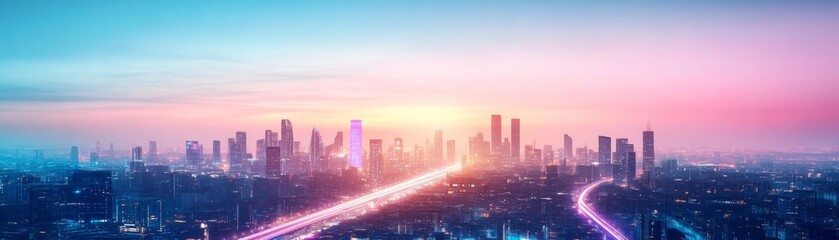 Fototapeta premium Futuristic city skyline at dusk, glowing in soft blue and purple hues, AI traffic moving smoothly