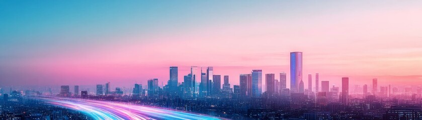 Naklejka premium Futuristic city skyline at dusk, glowing in soft blue and purple hues, AI traffic moving smoothly