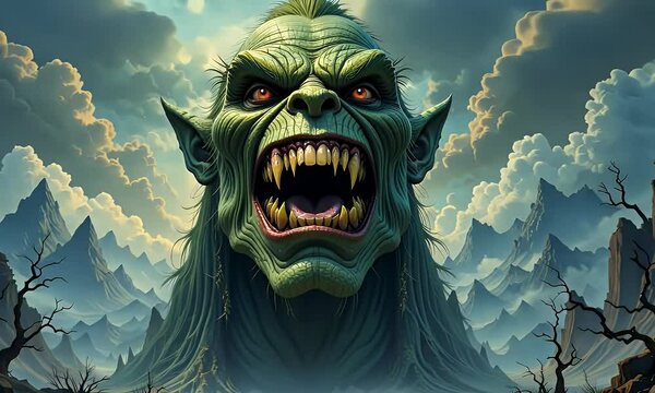 Glaring Green Monster in a Dramatic Mountain Landscape