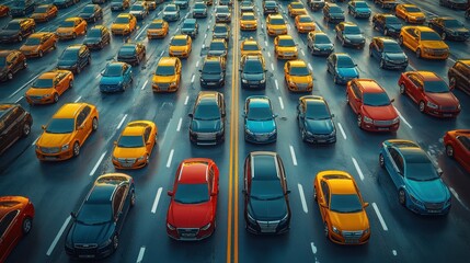 Obraz premium City highway traffic jam, many cars, daytime, aerial view, stock photo