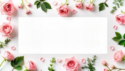 Romantic wedding floral frame with pink roses, green leaves, and blank space for invitations, event branding, or elegant stationery