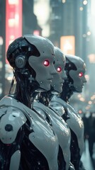 Robots futuristes en ligne dans une ville