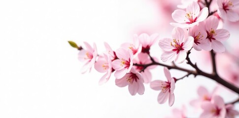 Delicate branches of cherry blossom tree isolated on white background, flower, blossoms, leafy