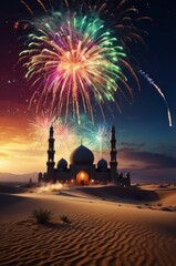 Desert Mosque Fireworks Night Landscape Festive Image