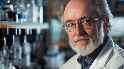 Fototapeta premium Mature caucasian male scientist in laboratory setting with test tubes and equipment