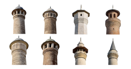 Collection of Historic Towers with Unique Architectural Styles, isolated on transparent background