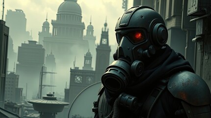 In a decaying urban landscape a futuristic soldier clad in advanced armor watches over the remnants of civilization showcasing resilience amid chaos