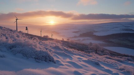 Snow-covered hillside with wind turbines at sunrise, showcasing a tranquil winter landscape