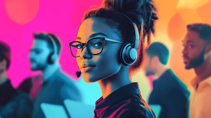 Young african female call center agent in vibrant office environment