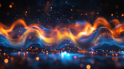 vibrant orange and blue abstract design with layered waveforms and glowing highlights, dynamic and futuristic, artistic and modern composition