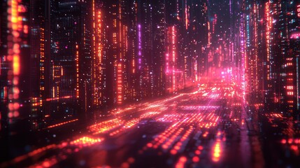 Futuristic city street with glowing neon lights. Abstract digital cityscape. Possible use Stock photo for technology, sci-fi, or gaming