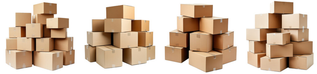 Set Of Stacks Of Light Brown Wooden Cubes Isolated On A Transparent Background. Cut Out