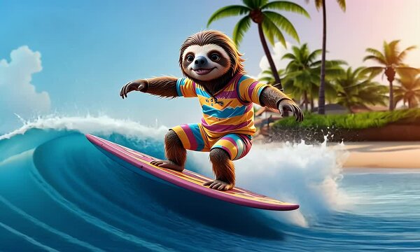 Happy Sloth Surfing a Wave on a Tropical Beach: Vibrant Summer Fun Digital Illustration