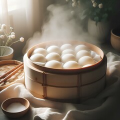 Handmade mochi in a bamboo steamer, warm and fresh, with a light cloud of steam. Natural light, soft textures and the atmosphere of a real Japanese kitchen