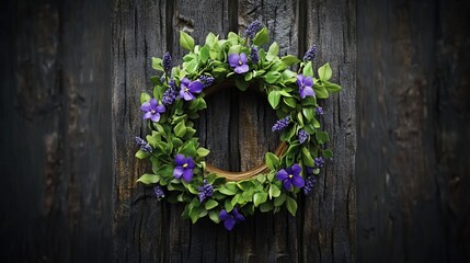 Rustic wooden door purple flower wreath spring decor