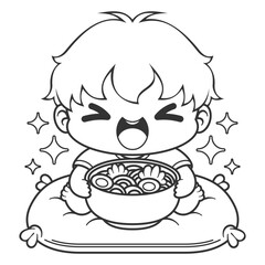 The boy was very excited to eat ramen immediately, for coloring