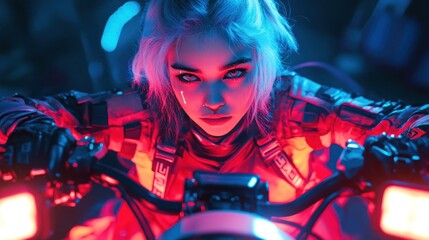 Neon Cyberpunk Rider: A Futuristic Girl on a Motorcycle