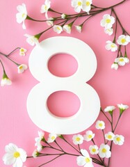Number 8 on a pink background with white flowers