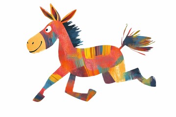Cheerful cartoon donkey prancing across white background, bringing whimsical charm to kid friendly design and playful graphic projects