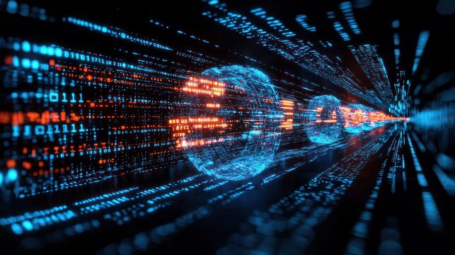 Digital spheres moving through binary code tunnel. Potential stock photo use Illustrative representation of data flow, abstract technology, or futuristic concept