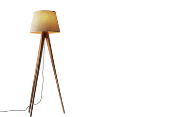 Stylish floor lamp with wooden tripod base illuminating a modern living room space