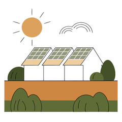 Solar energy icon with houses and sun, sustainable living concept