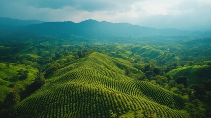 Green hills aerial view. Rolling landscape with rows of plants. Forest mountain background. Nature top view. Agriculture scenery.