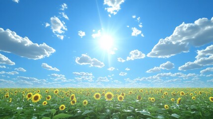 Sunlit Sunflower Field, Blue Sky, Clouds, Summer