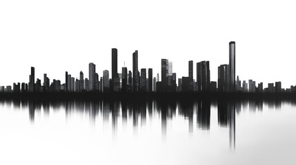 Fototapeta premium Modern city skyline reflection with high-rise buildings over calm water in black and white
