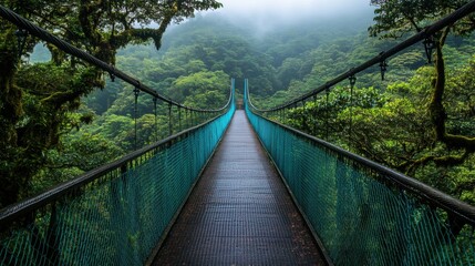 Obraz premium Green forest landscape. Suspension bridge over trees. Walk on hanging bridge. Explore nature. Forest scenery. Lush foliage. Adventure travel. Natural landscape. Beautiful jungle.