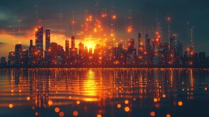 Obraz premium Futuristic city skyline at sunset reflected in water. Possible use Stock photo for technology, innovation, cityscapes, or digital art