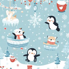 Whimsical Winter Wonderland: A charming illustration brimming with playful penguins, cuddly foxes, and joyful polar bears, all amidst a delightful snowy backdrop.