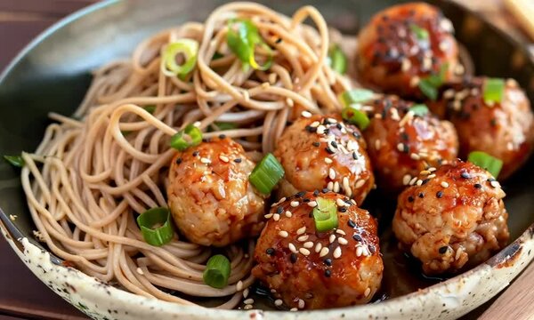 A plate of savory chicken meatballs and hearty buckwheat noodles, served with chopsticks for easy eating
