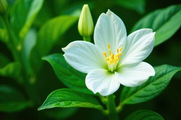 Fototapeta premium Green leaves and stems surrounding a large white flower, nature, botanical, leaf