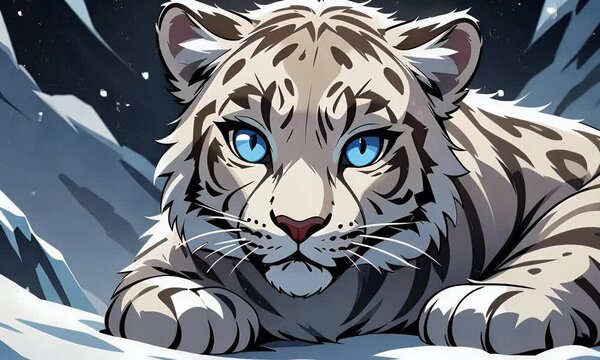 Majestic White Tiger with Striking Blue Eyes in Snowy Mountains Digital Art Illustration