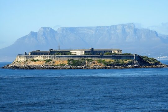 Robben Island Prison Historic Landmark South Africa Ocean View Picturesque Island Building Architecture Cape Town Mountain Background Stunning Scenery
