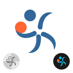 Sportsman figure throwing a ball with one hand stylized logo. Sports with using hand ball - volleyball, handball, basketball, baseball and other. Minimalist style human figure made of curved elements.