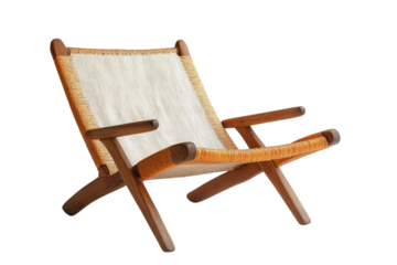 Stylish wooden lounge chair with woven fabric in a modern setting with natural light