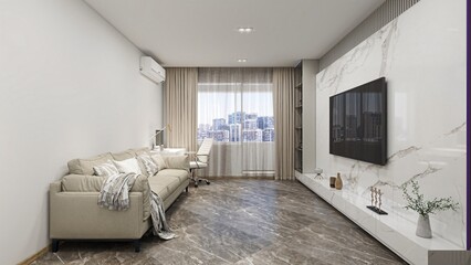 Fototapeta premium A modern, minimalist living room with a beige sofa, marble TV wall, sleek decor, and a home office by a large window offering a stunning city view. Cozy, stylish, and functional