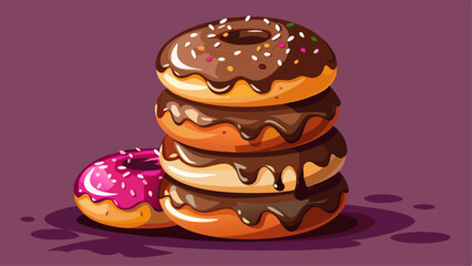 lucious donuts stacked on top of each other they are dark chocolate slightly melting