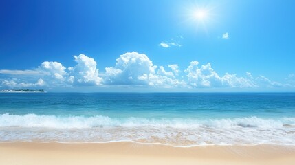Obraz premium Serene Coastal Paradise: Azure Ocean, Golden Sands, and Sunny Skies