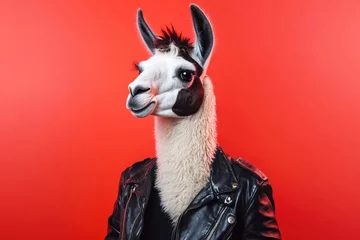 Selbstklebende Fototapeten Hipster llama in leather jacket strikes a bold pose against red backdrop © gankevstock