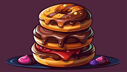 lucious donuts stacked on top of each other they are dark chocolate slightly melting