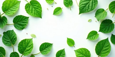 Leafy greens scattered on white with subtle shadows, shadows, nature, plants