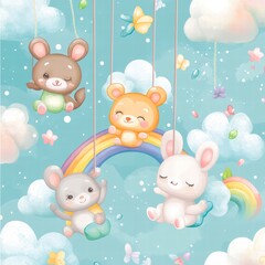 Fototapeta premium Whimsical Friends: A watercolor illustration of adorable cartoon animals playing among fluffy clouds, a rainbow, and butterflies.