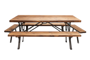 Outdoor wooden picnic table with metal supports situated in a sunny park setting