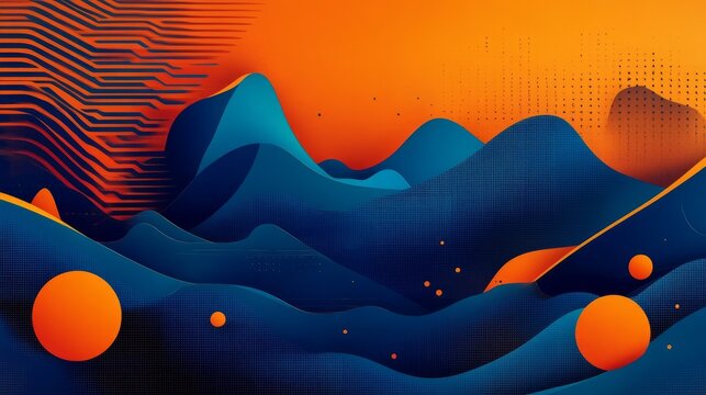 vivid orange and blue abstract design with floating geometric patterns and glowing highlights, sleek and futuristic, artistic and modern concept